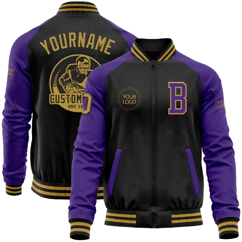 Trendy Quilted Jacket for Chic Comfort-Custom Black Old Gold-Purple Bomber Varsity Letterman Two Tone Zipper Jacket