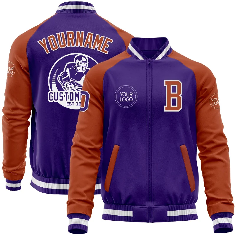 Eco-Friendly Organic Cotton Jacket for Sustainable Fashion-Custom Purple Texas Orange-White Bomber Varsity Letterman Two Tone Zipper Jacket