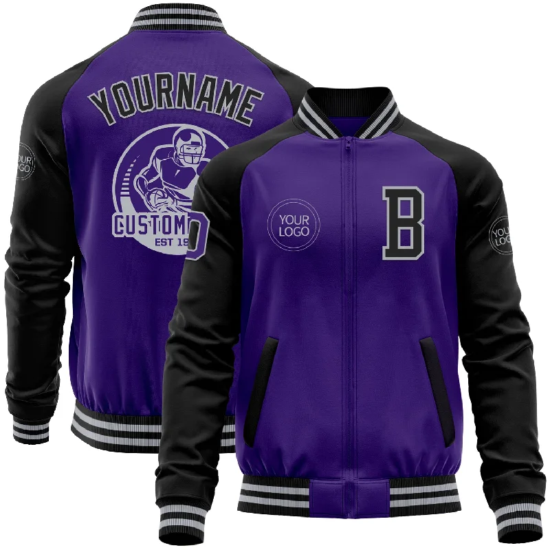 Windproof Jacket for Sports and Hiking-Custom Purple Black-Gray Bomber Varsity Letterman Two Tone Zipper Jacket