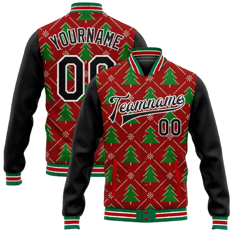 Casual Hooded Jacket for Everyday Casual Wear-Custom Red Black-Kelly Green Christmas 3D Bomber Full-Snap Varsity Letterman Jacket