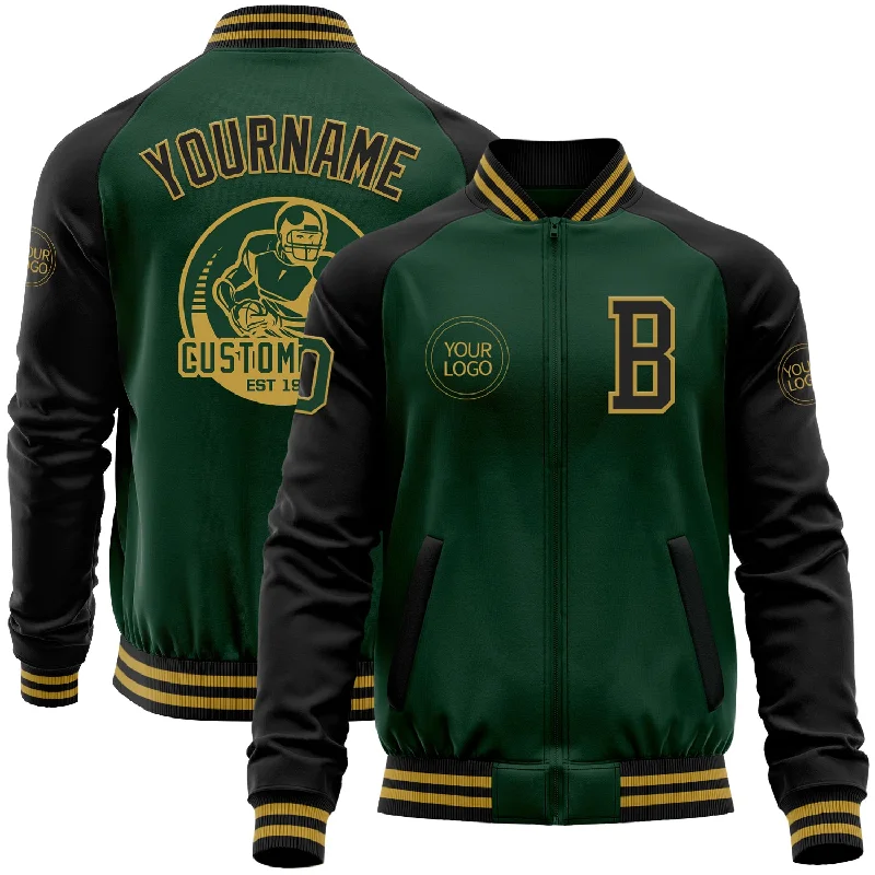 Zip-Front Jacket for Quick and Easy Wear-Custom Green Black-Old Gold Bomber Varsity Letterman Two Tone Zipper Jacket