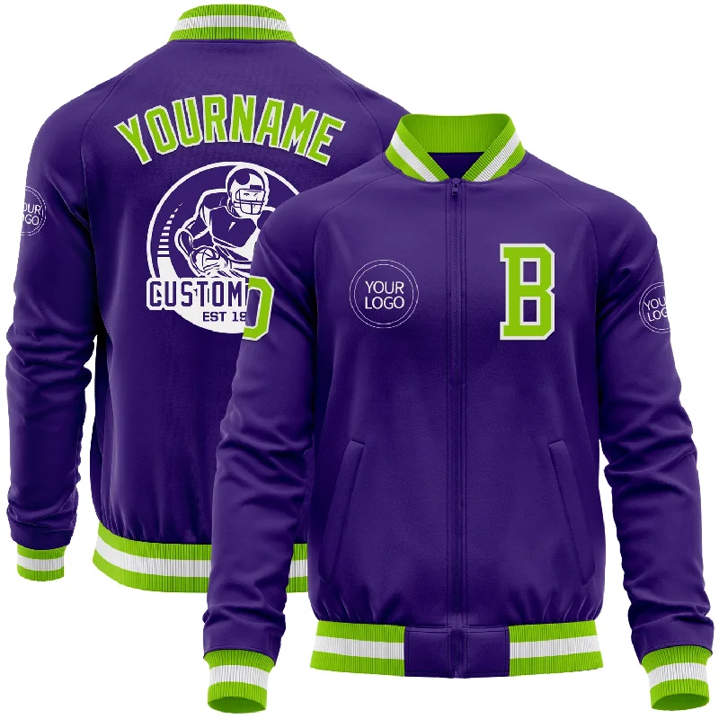 Waterproof Outdoor Jacket for All-Weather Protection-Custom Purple Neon Green-White Bomber Varsity Letterman Zipper Jacket