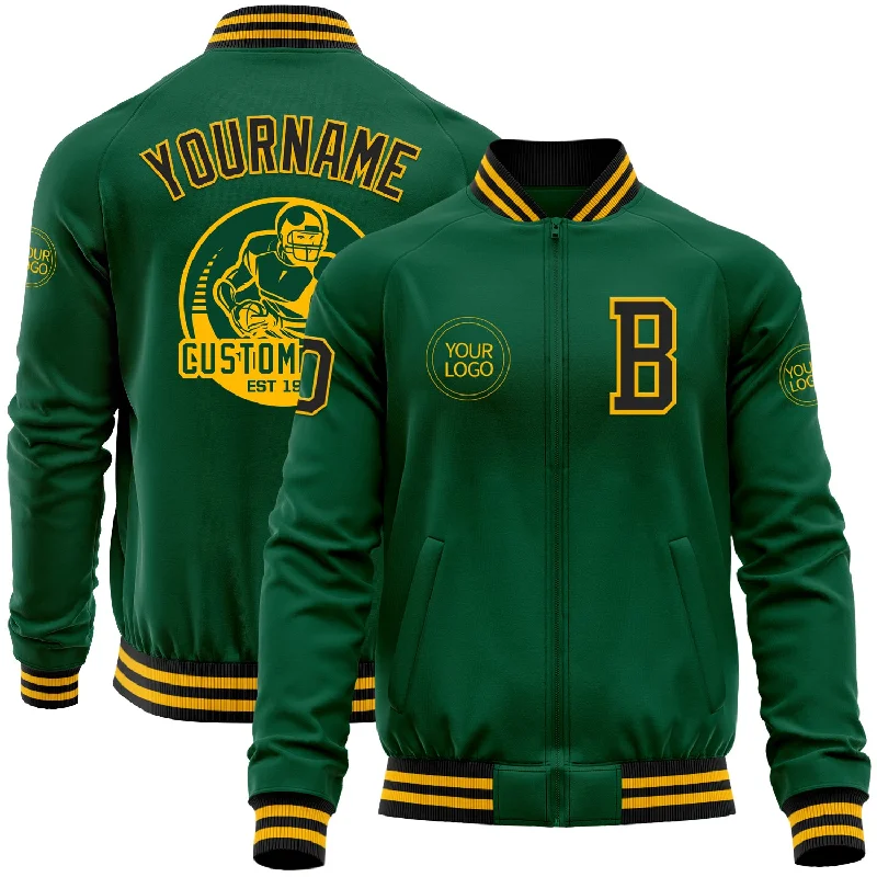 Classic Bomber Jacket for Timeless Look-Custom Kelly Green Black-Gold Bomber Varsity Letterman Zipper Jacket