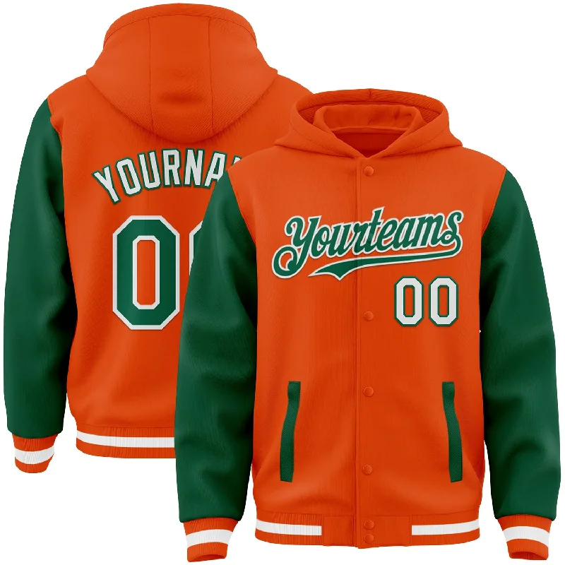 Urban Hoodie for Street Chic Look-Custom Orange Kelly Green-White Bomber Full-Snap Varsity Letterman Two Tone Hoodie Jacket