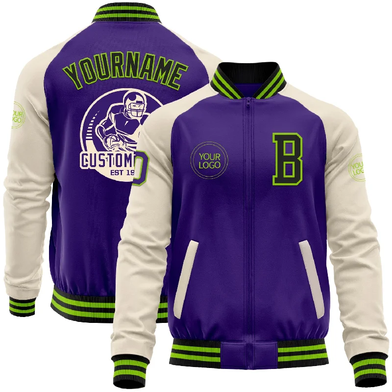 Utility Jacket with Multiple Pockets for Practical Wear-Custom Purple Black Neon Green-Cream Bomber Varsity Letterman Two Tone Zipper Jacket