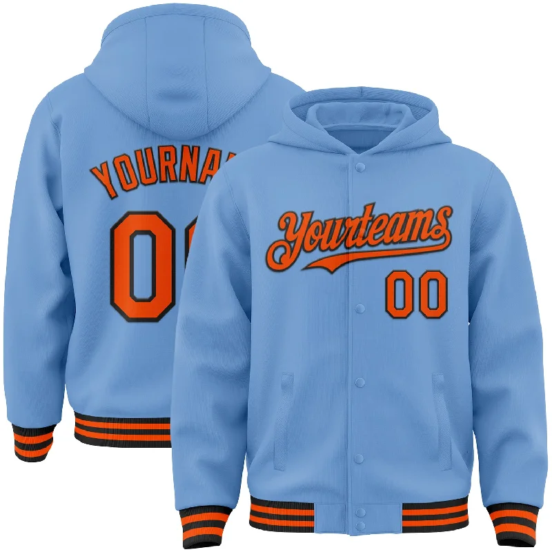 Warm Wool Hoodie for Cold Weather Protection-Custom Light Blue Orange-Black Bomber Full-Snap Varsity Letterman Hoodie Jacket