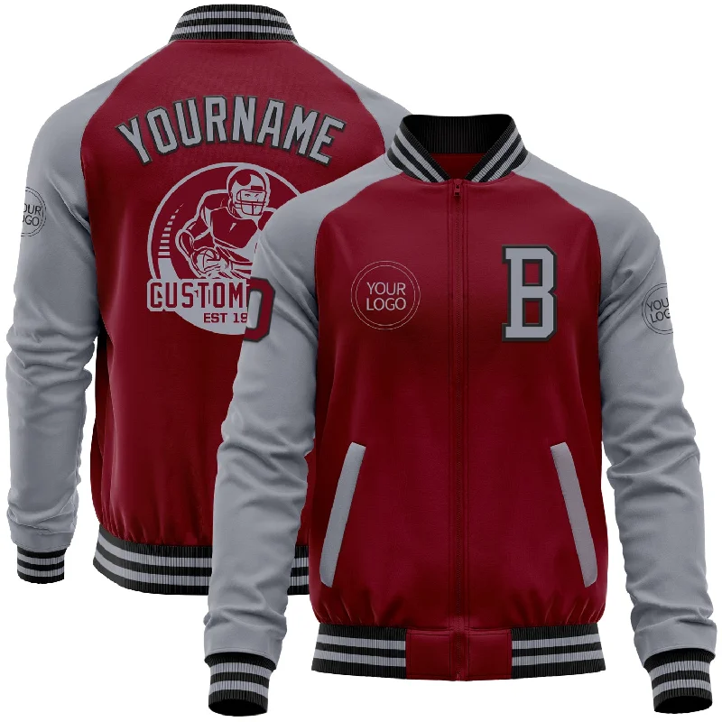 Versatile Zip Jacket for Travel and Leisure-Custom Crimson Gray-Black Bomber Varsity Letterman Two Tone Zipper Jacket