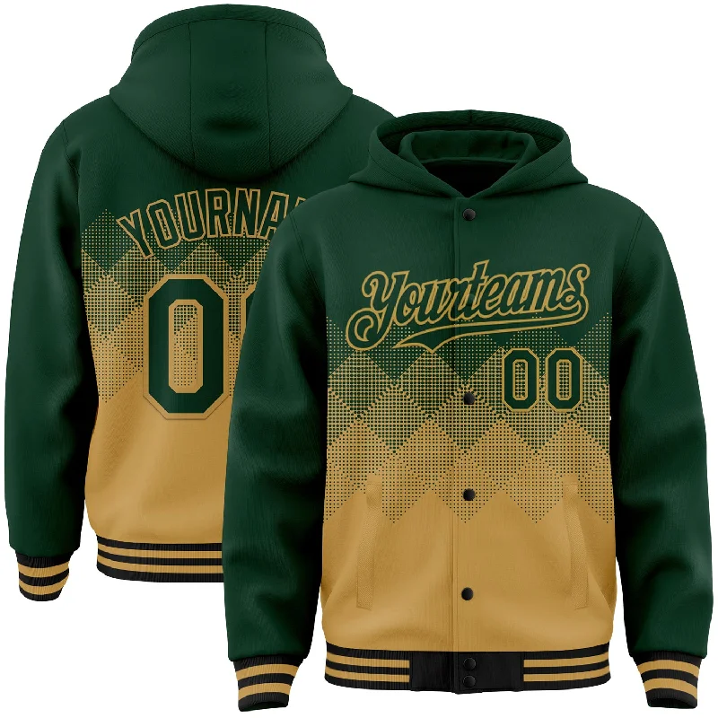 Lightweight Packable Hoodie for Travel-Custom Green Old Gold-Black Gradient Square Shape 3D Pattern Design Bomber Full-Snap Varsity Letterman Hoodie Jacket