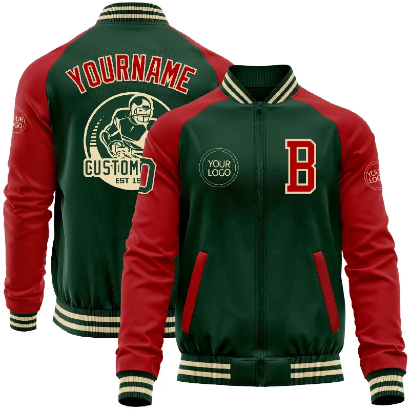 Eco-Friendly Recycled Material Jacket for Sustainability-Custom Green Red-Cream Bomber Varsity Letterman Two Tone Zipper Jacket