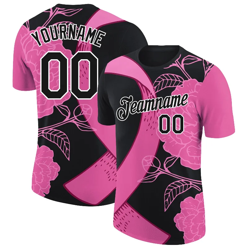 Customizable Patch T-Shirt for Personalized Style-Custom Black Pink-White 3D Pink Ribbon Breast Cancer Performance T-Shirt