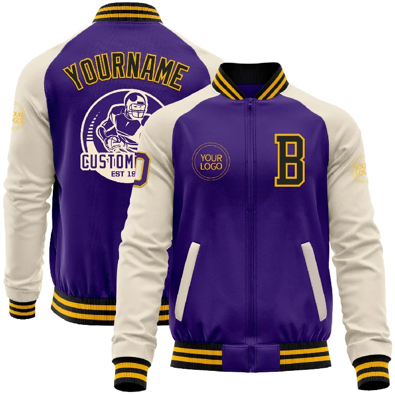 Soft Suede Jacket for Casual Chic Style-Custom Purple Black Gold-Cream Bomber Varsity Letterman Two Tone Zipper Jacket