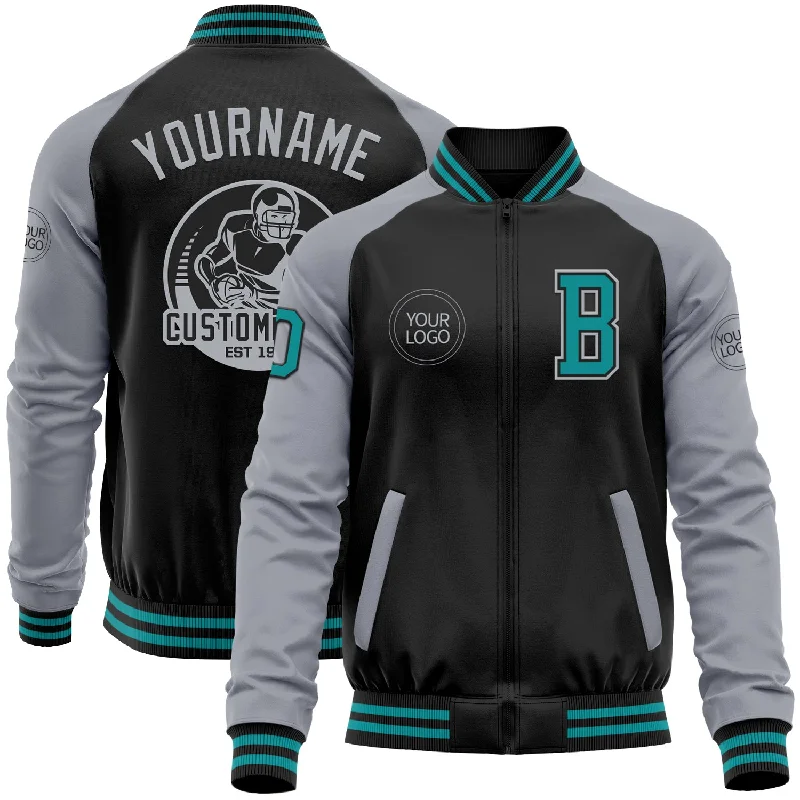 Casual Quilted Jacket for Everyday Wear-Custom Black Teal-Gray Bomber Varsity Letterman Two Tone Zipper Jacket