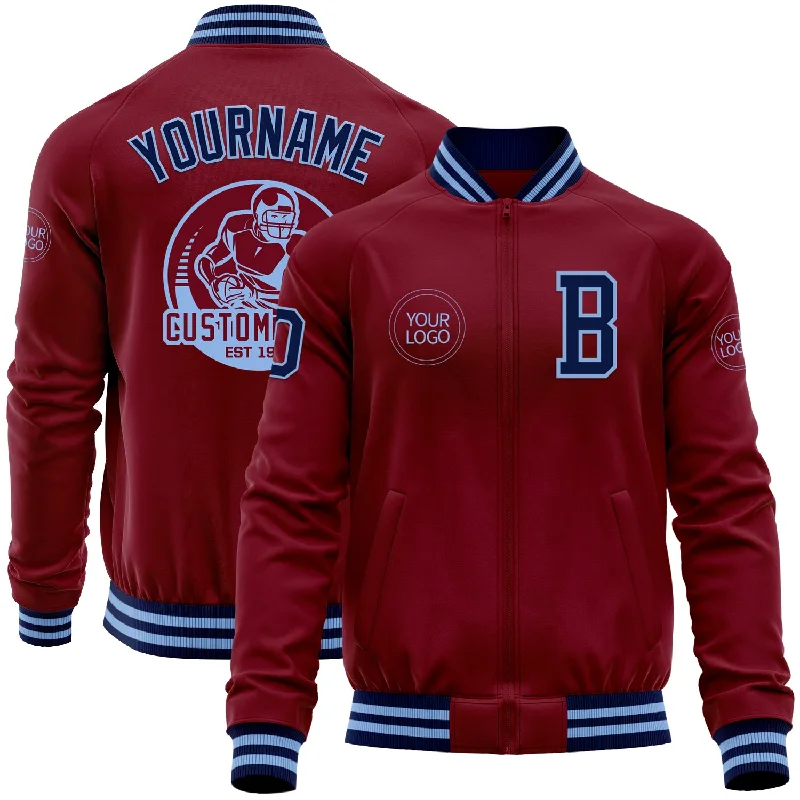 Warm Down Jacket for Winter Sports-Custom Crimson Navy-Light Blue Bomber Varsity Letterman Zipper Jacket