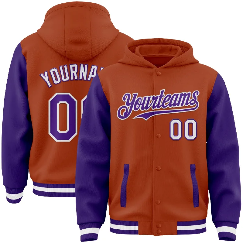 Elegant Hooded Sweatshirt for Classy Casual Wear-Custom Texas Orange Purple-White Bomber Full-Snap Varsity Letterman Two Tone Hoodie Jacket