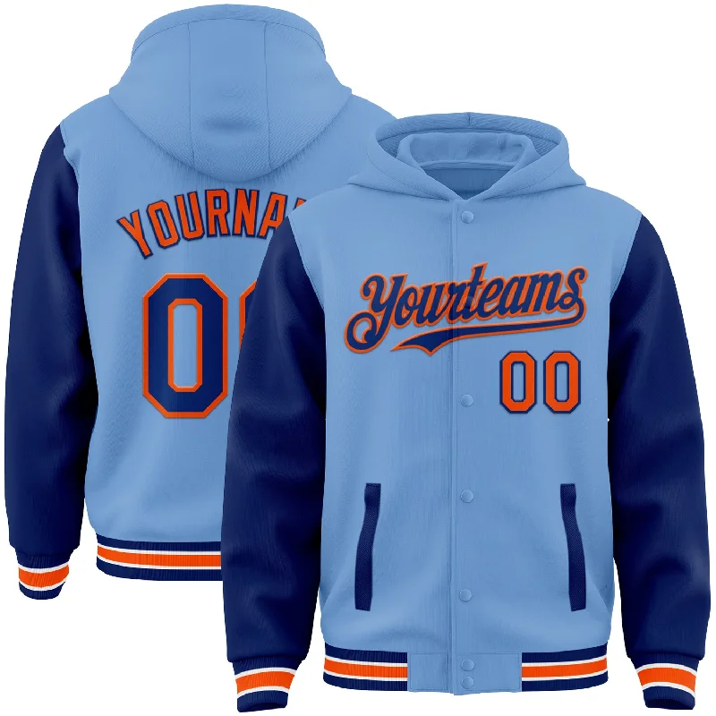 Soft French Terry Hoodie for Comfy Casual Wear-Custom Light Blue Royal-Orange Bomber Full-Snap Varsity Letterman Two Tone Hoodie Jacket