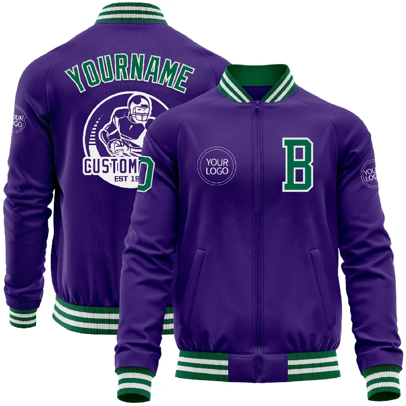 Stylish Statement Jacket for Fashion-Forward Looks-Custom Purple Kelly Green-White Bomber Varsity Letterman Zipper Jacket