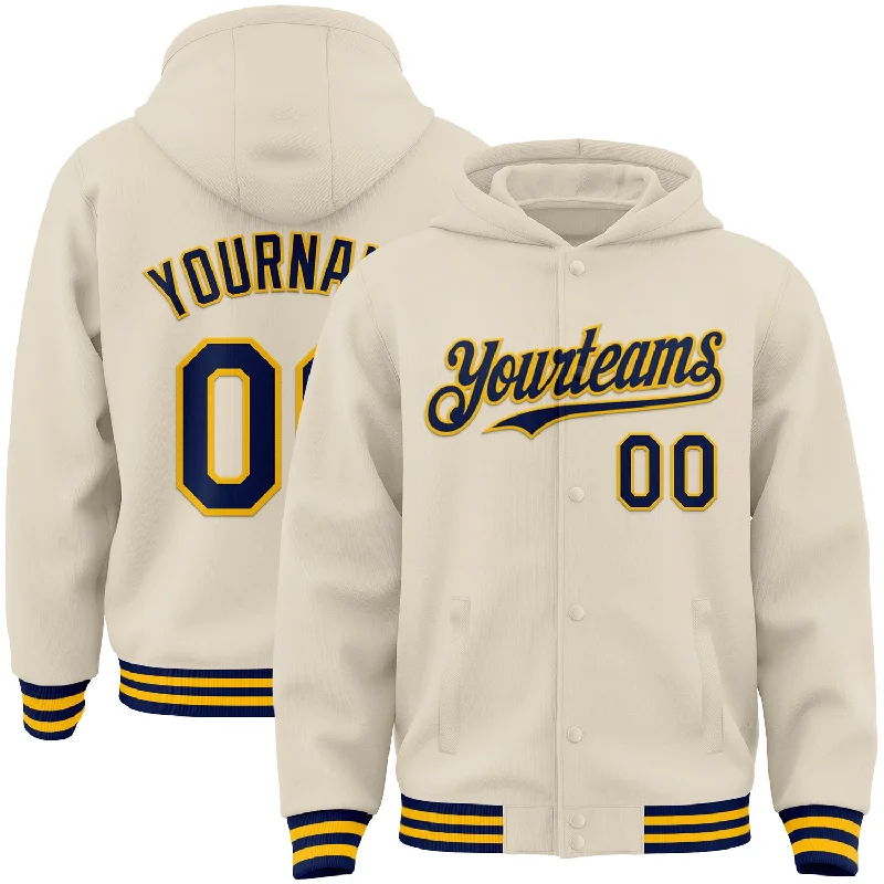 Warm Sherpa-Lined Hoodie for Ultimate Comfort-Custom Cream Navy-Gold Bomber Full-Snap Varsity Letterman Hoodie Jacket