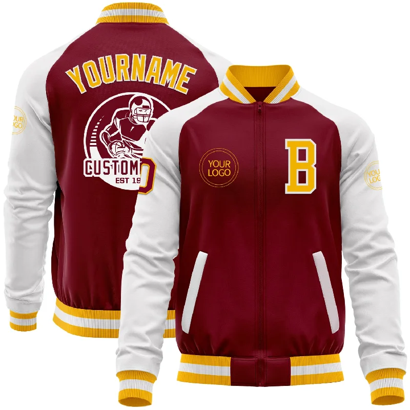 Athletic Zip-Up Jacket for Workout Gear-Custom Crimson Gold-White Bomber Varsity Letterman Two Tone Zipper Jacket