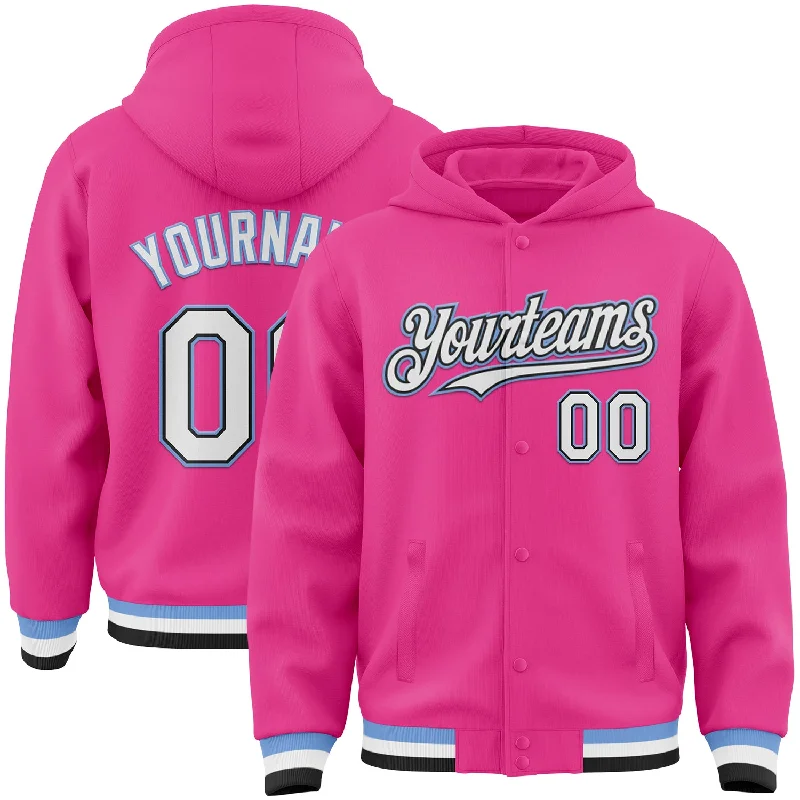 Warm Fleece Hoodie for Cold Days-Custom Pink Black-Light Blue Bomber Full-Snap Varsity Letterman Hoodie Jacket