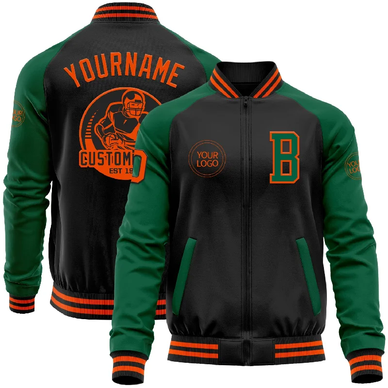 Tech Fabric Jacket for Modern Performance Wear-Custom Black Orange-Kelly Green Bomber Varsity Letterman Two Tone Zipper Jacket