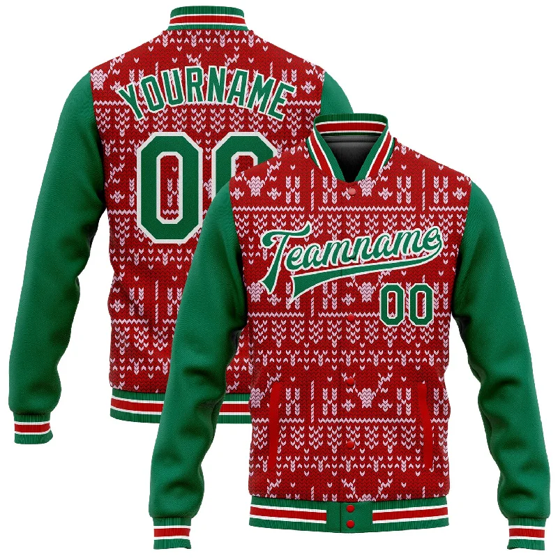 Lightweight Hiking Jacket for Travel and Adventure-Custom Red Kelly Green-White Christmas 3D Bomber Full-Snap Varsity Letterman Jacket