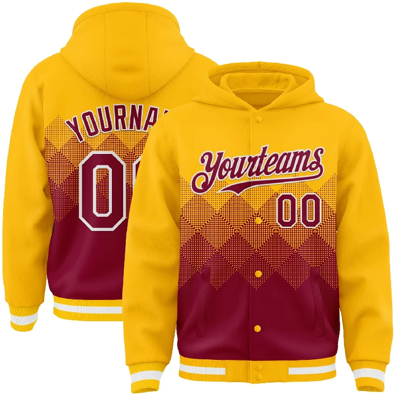 Hooded Sweatshirt for Layered Looks-Custom Gold Maroon-White Gradient Square Shape 3D Pattern Design Bomber Full-Snap Varsity Letterman Hoodie Jacket