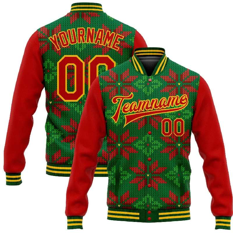 Fashionable Faux Leather Jacket for Modern Wear-Custom Green Red-Gold Christmas 3D Bomber Full-Snap Varsity Letterman Jacket