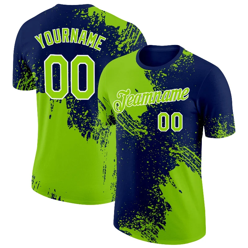 Classic Baseball T-Shirt for Vintage Appeal-Custom Neon Green Navy-White 3D Pattern Design Abstract Brush Stroke Performance T-Shirt