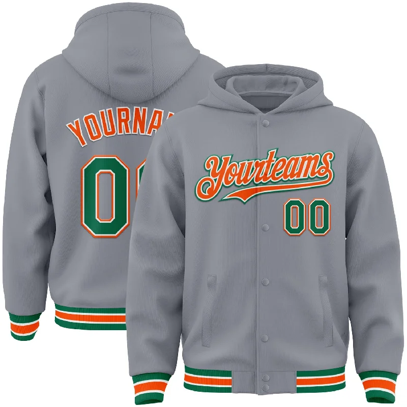 Stylish Zip Hoodie for Fashionable Comfort-Custom Gray Kelly Green-Orange Bomber Full-Snap Varsity Letterman Hoodie Jacket