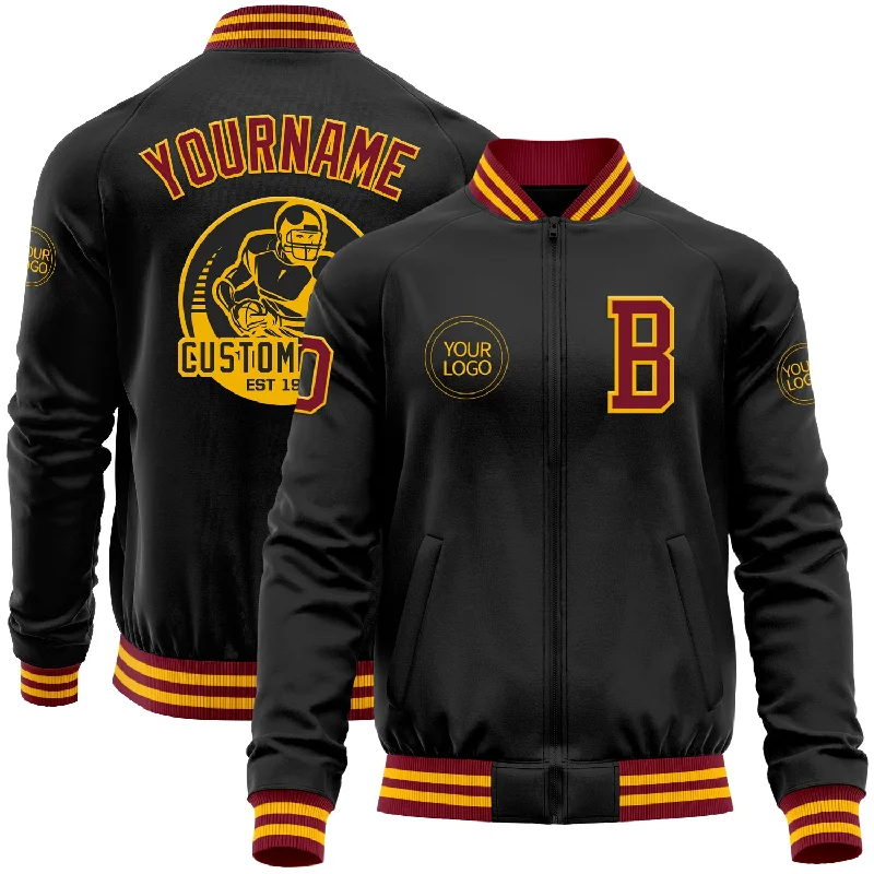 Modern Zip-Up Jacket for Stylish Comfort-Custom Black Crimson-Gold Bomber Varsity Letterman Zipper Jacket