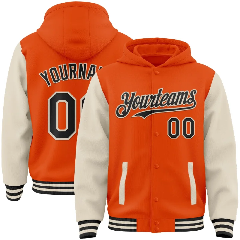 Lightweight Hoodie with Mesh Lining for Ventilation-Custom Orange Black-Cream Bomber Full-Snap Varsity Letterman Two Tone Hoodie Jacket