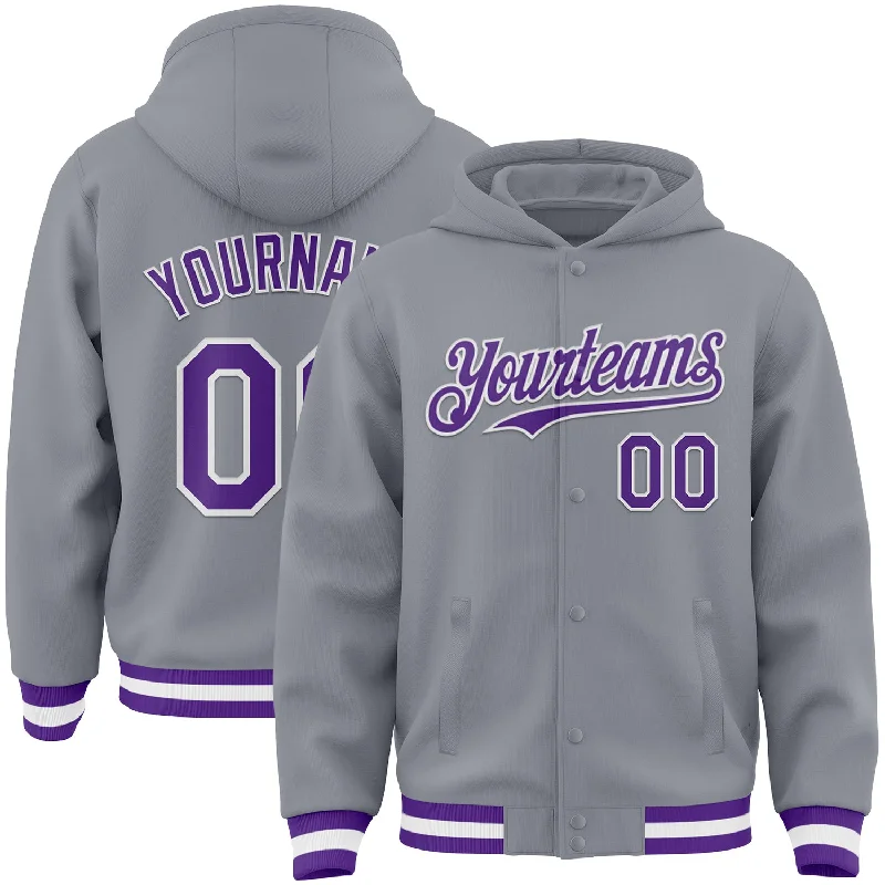 Graphic Hoodie for Bold and Fun Designs-Custom Gray Purple-White Bomber Full-Snap Varsity Letterman Hoodie Jacket