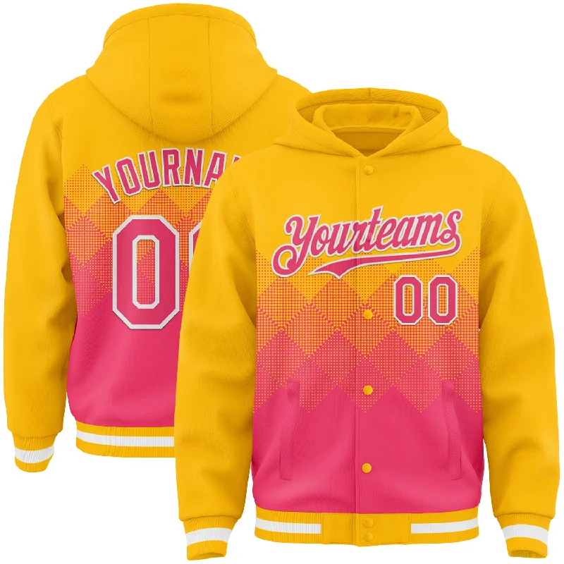 Cool Hoodie with Bold Logos for Statement Style-Custom Gold Neon Pink-White Gradient Square Shape 3D Pattern Design Bomber Full-Snap Varsity Letterman Hoodie Jacket