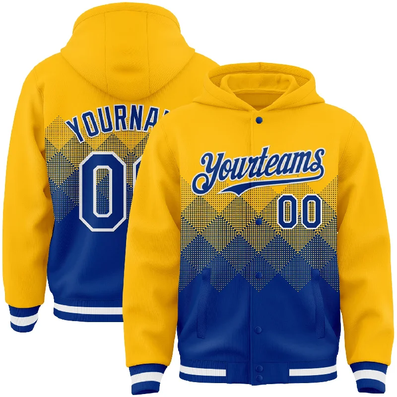 Graphic Hoodie for Bold and Fun Designs-Custom Gold Royal-White Gradient Square Shape 3D Pattern Design Bomber Full-Snap Varsity Letterman Hoodie Jacket