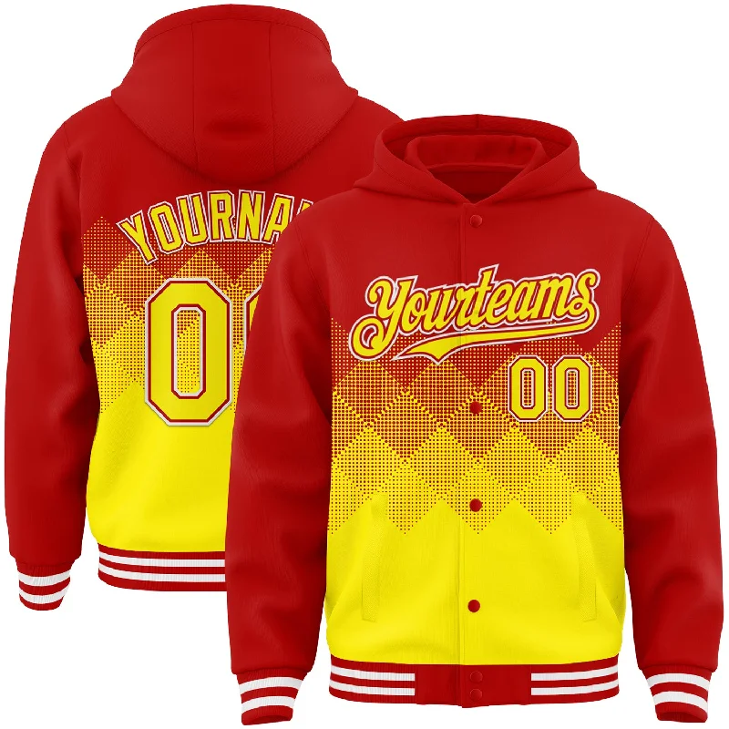 Elegant Hooded Sweatshirt for Classy Casual Wear-Custom Red Light Yellow-White Gradient Square Shape 3D Pattern Design Bomber Full-Snap Varsity Letterman Hoodie Jacket