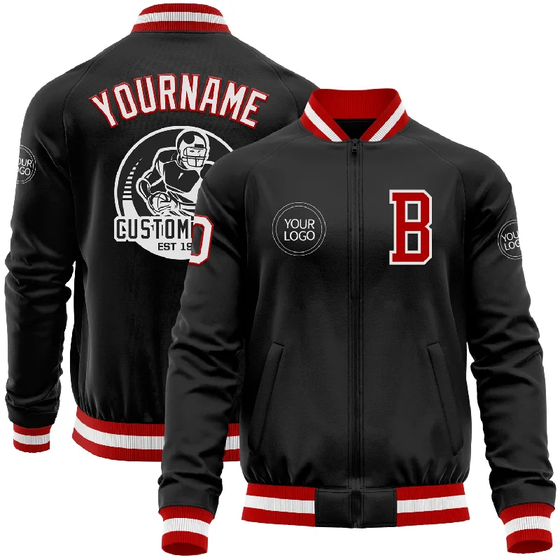 Tech Fabric Jacket for Modern Performance Wear-Custom Black Red-White Bomber Varsity Letterman Zipper Jacket