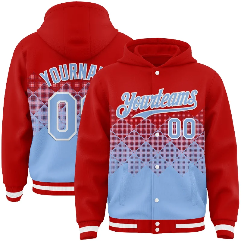 Soft Pullover Hoodie for Cold Weather Style-Custom Red Light Blue-White Gradient Square Shape 3D Pattern Design Bomber Full-Snap Varsity Letterman Hoodie Jacket