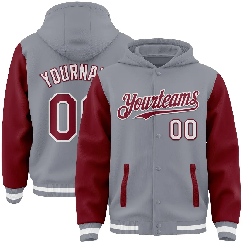 Graphic Hoodie for Bold and Fun Designs-Custom Gray Crimson-White Bomber Full-Snap Varsity Letterman Two Tone Hoodie Jacket