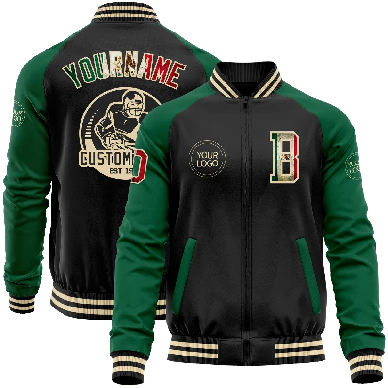 Breathable Jacket for Outdoor Activities-Custom Black Vintage Mexican Flag Kelly Green-Cream Bomber Varsity Letterman Two Tone Zipper Jacket