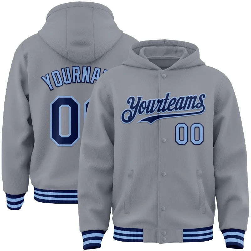 High-Collar Hoodie for Extra Coverage-Custom Gray Navy-Light Blue Bomber Full-Snap Varsity Letterman Hoodie Jacket