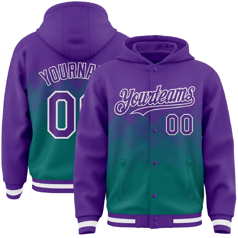 Cool Hoodie with Bold Logos for Statement Style-Custom Purple Teal-White Gradient Square Shape 3D Pattern Design Bomber Full-Snap Varsity Letterman Hoodie Jacket