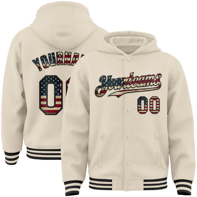 Athletic Hooded Sweatshirt for Gym Workouts-Custom Cream Vintage USA Flag-Black Bomber Full-Snap Varsity Letterman Hoodie Jacket