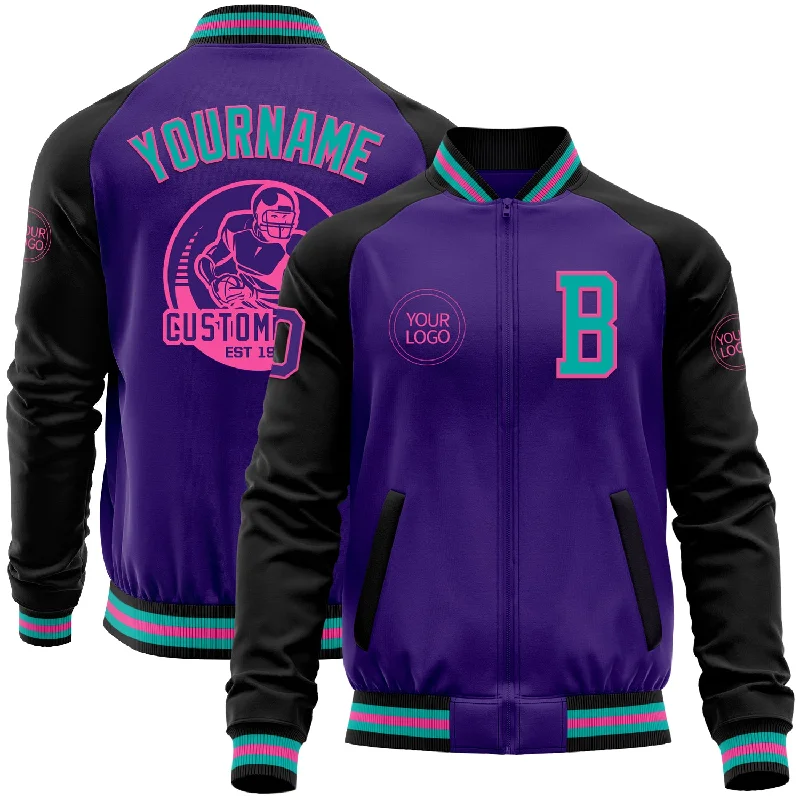 Insulated Jacket for Cold Winter Days-Custom Purple Aqua Pink-Black Bomber Varsity Letterman Two Tone Zipper Jacket