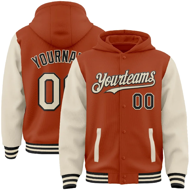 Youth Hoodie for Comfortable, Stylish Wear-Custom Texas Orange Cream-Black Bomber Full-Snap Varsity Letterman Two Tone Hoodie Jacket