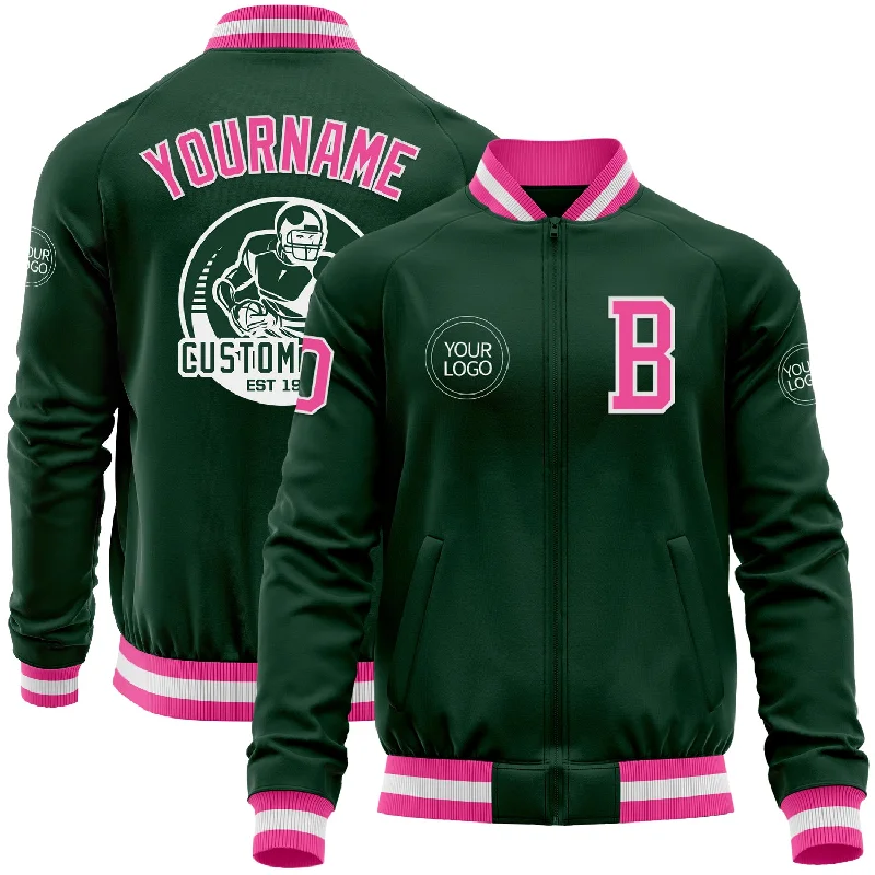 Street Style Bomber Jacket for Fashionistas-Custom Green Pink-White Bomber Varsity Letterman Zipper Jacket