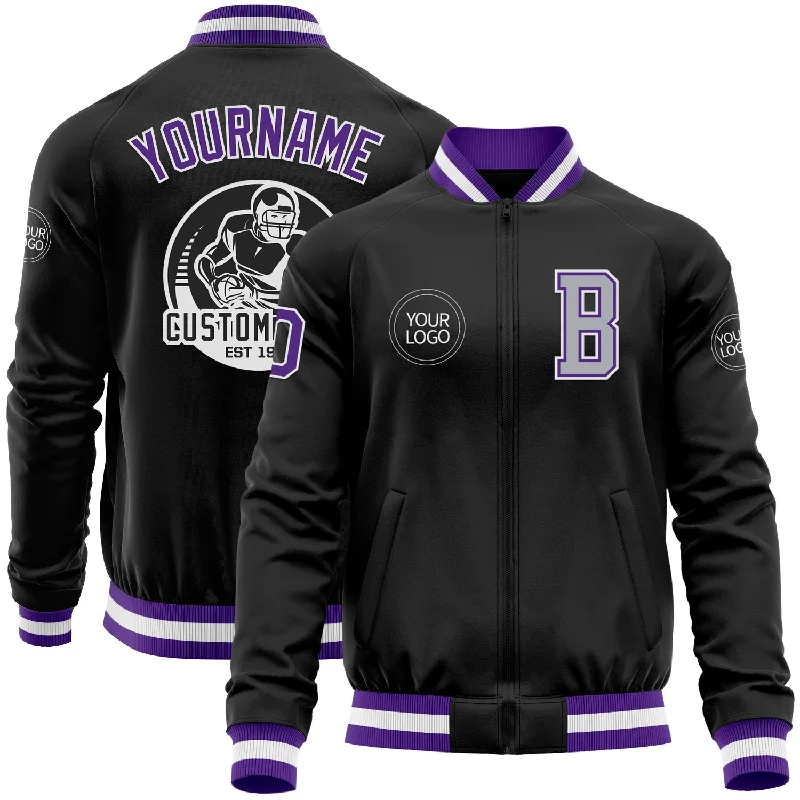 Durable Canvas Jacket for Heavy-Duty Wear-Custom Black Purple-Gray Bomber Varsity Letterman Zipper Jacket