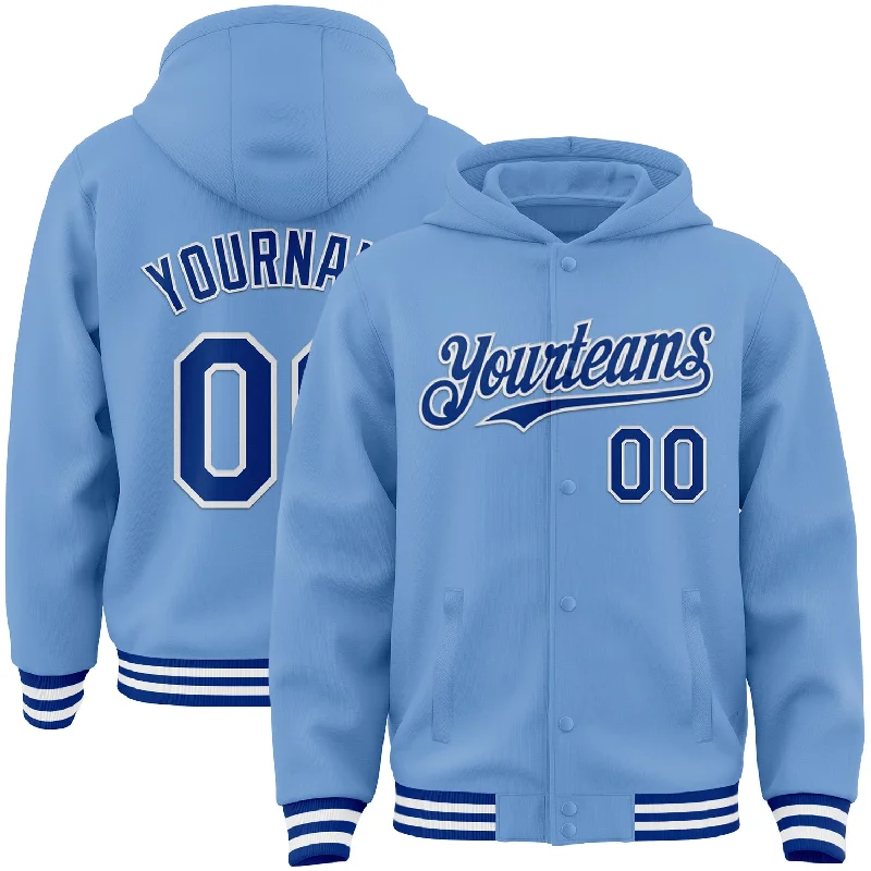 Trendy Pullover Hoodie for Street Fashion-Custom Light Blue Royal-White Bomber Full-Snap Varsity Letterman Hoodie Jacket