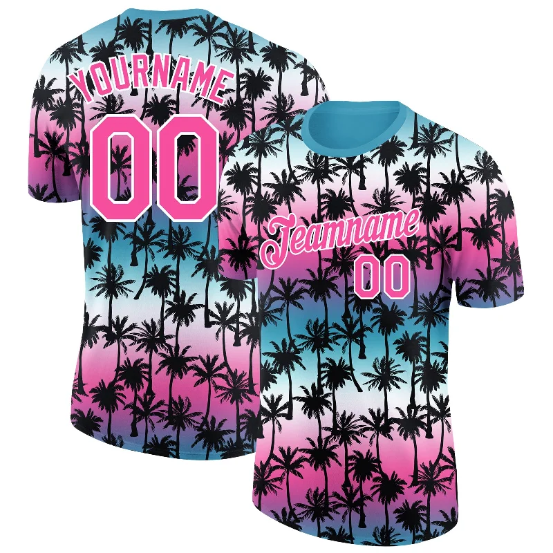 Oversized Graphic T-Shirt for Chill Fashion-Custom Teal Pink-White 3D Pattern Design Hawaii Palm Trees Performance T-Shirt