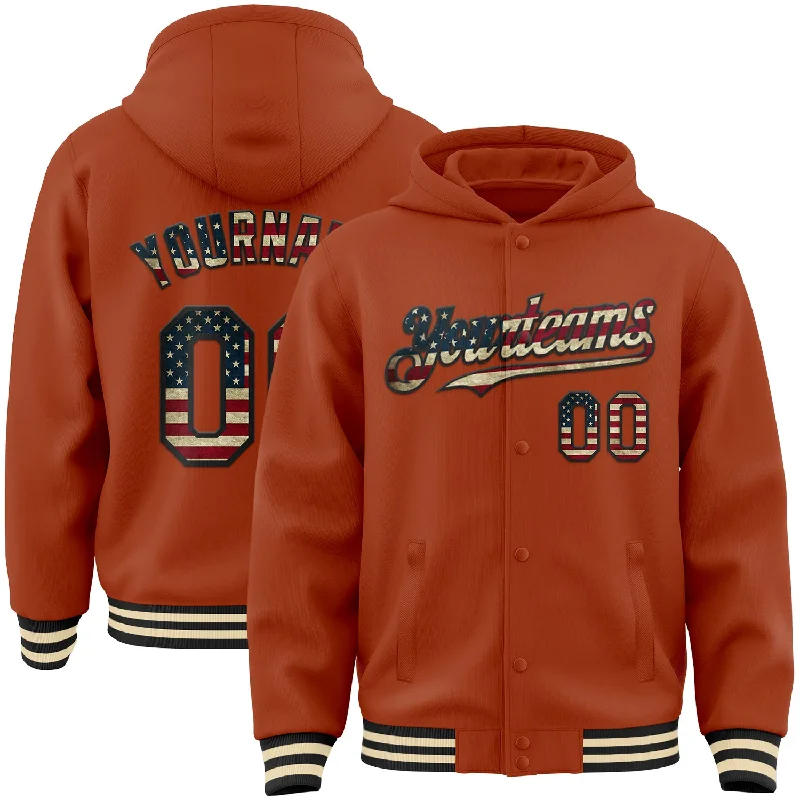 Breathable Hoodie for Outdoor Activities-Custom Texas Orange Vintage USA Flag Black-Cream Bomber Full-Snap Varsity Letterman Hoodie Jacket