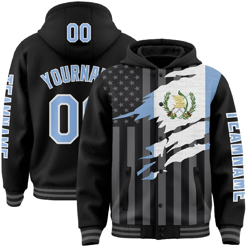 Breathable Hoodie for Outdoor Activities-Custom Black Light Blue-Gray Guatemala Guatemalan Flag 3D Bomber Full-Snap Varsity Letterman Hoodie Jacket